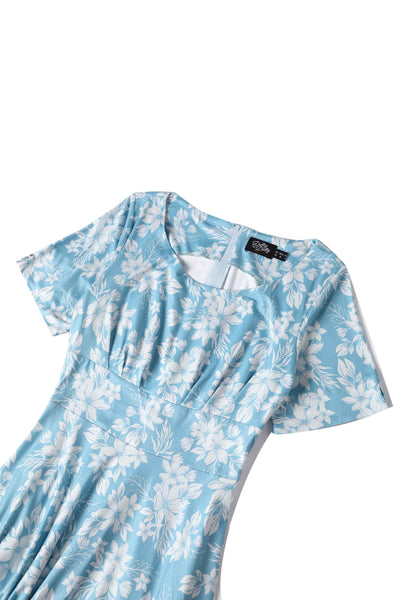 Close up  View of Floral A-line Dress in Light Blue