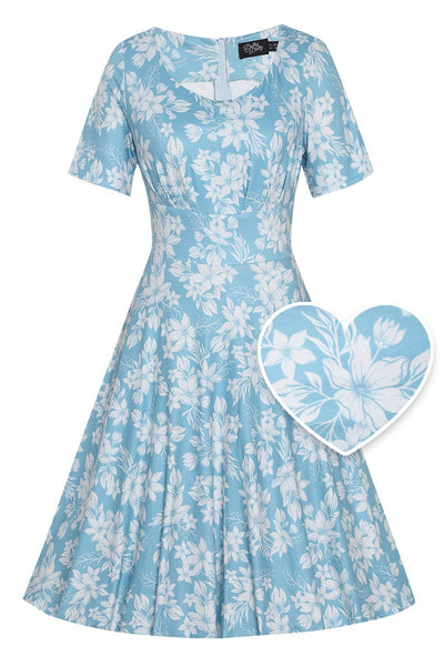 Front  View of Floral A-line Dress in Light Blue