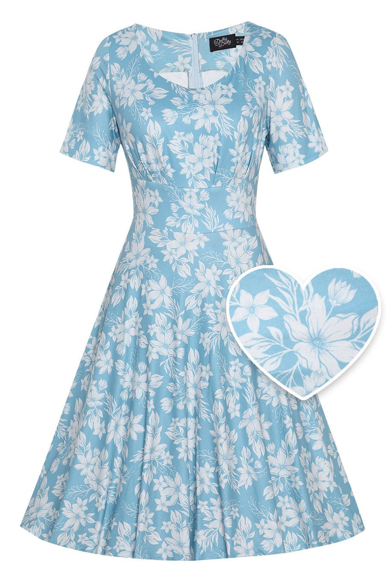 Front  View of Floral A-line Dress in Light Blue
