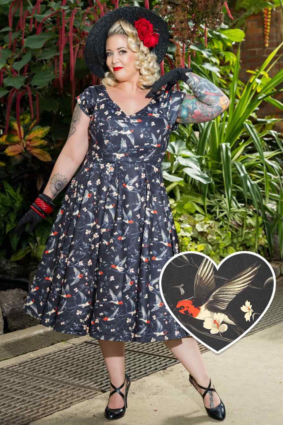 Model photos of Floral & Swallow Off Shoulder Dress