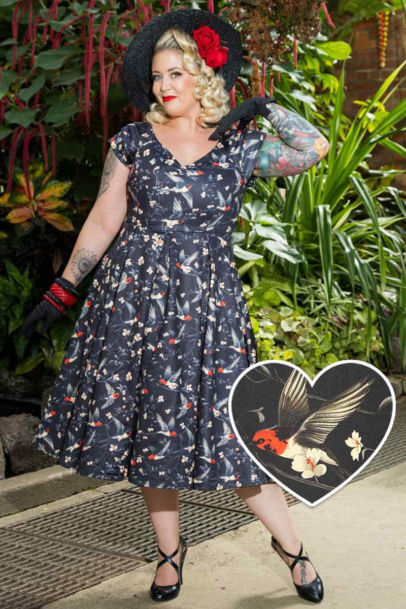 Model photos of Floral & Swallow Off Shoulder Dress