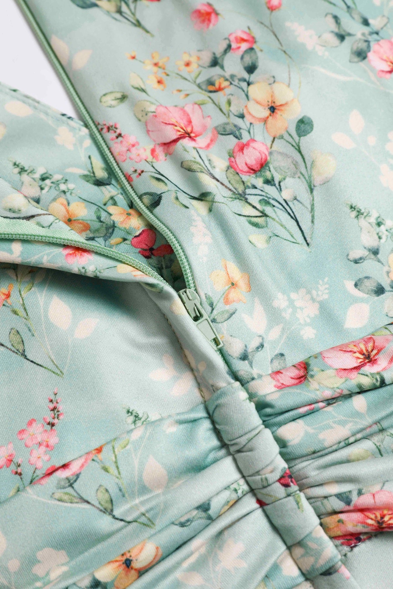 Close up view of Floral Day Dress in Light Green