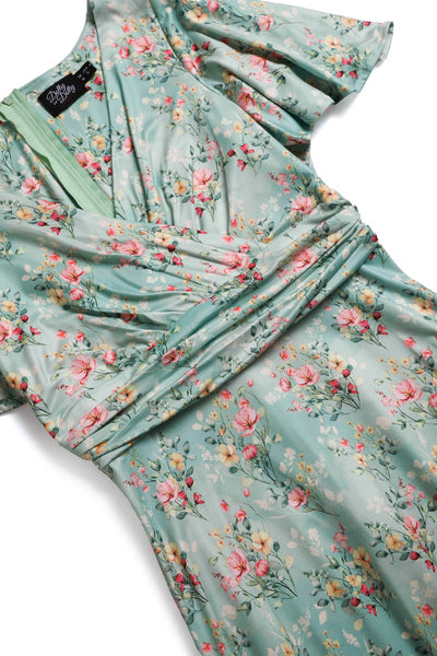 Close up view of Floral Day Dress in Light Green