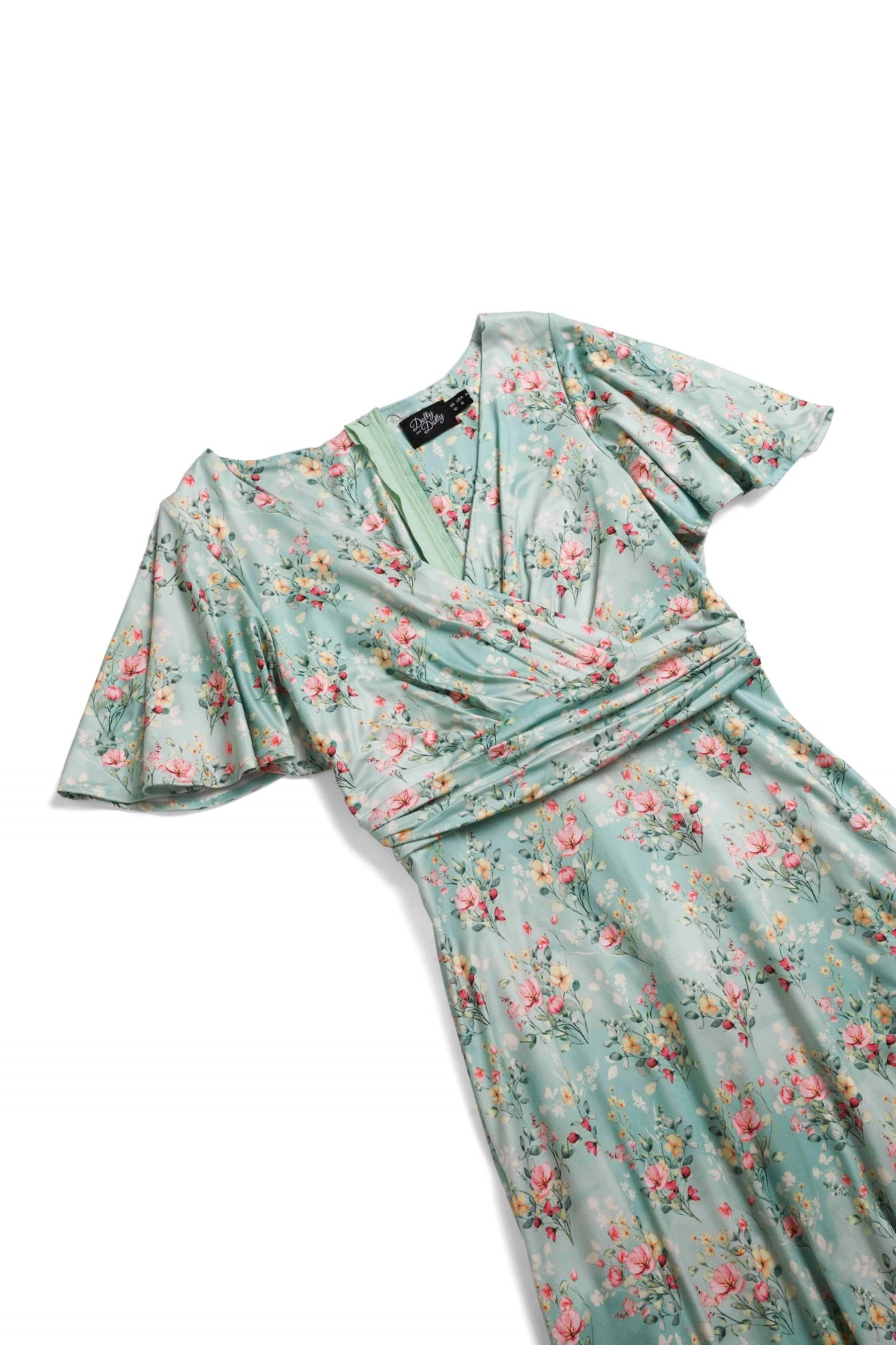 Close up view of Floral Day Dress in Light Green