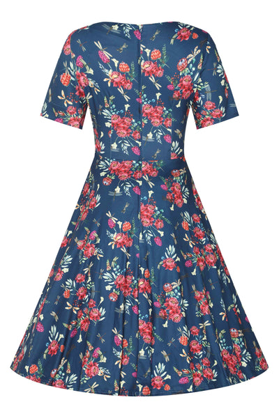 Back View of Floral Dragonfly Navy Blue Dress