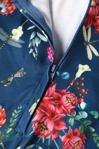 Close up View of Floral Dragonfly Navy Blue Dress