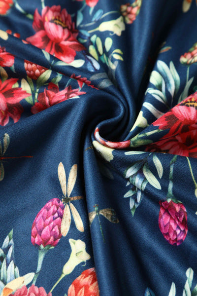 Close up View of Floral Dragonfly Navy Blue Dress