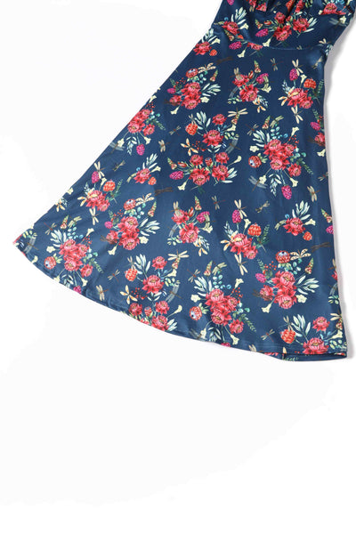 Close up View of Floral Dragonfly Navy Blue Dress
