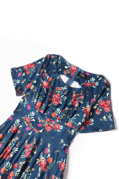 Close up View of Floral Dragonfly Navy Blue Dress