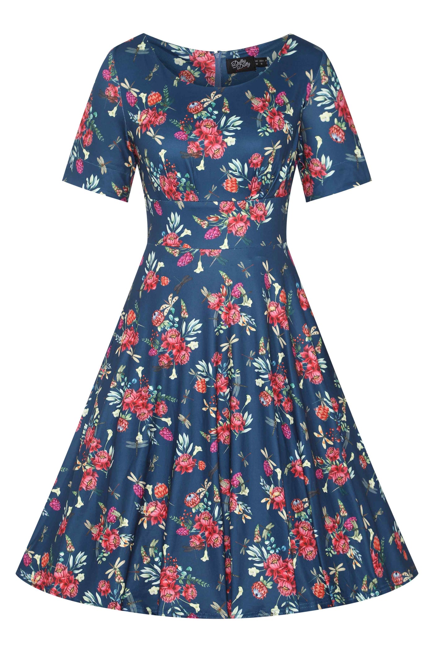 Front View of Floral Dragonfly Navy Blue Dress