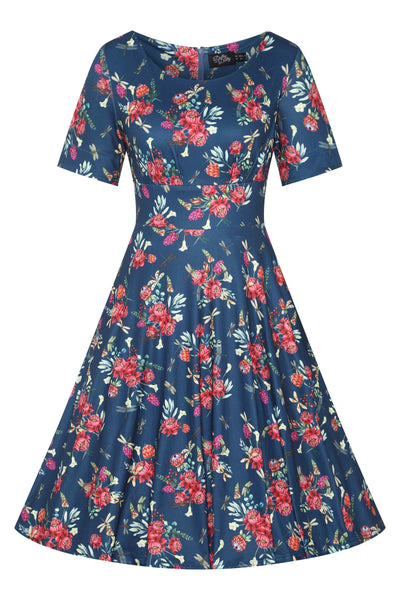 Front View of Floral Dragonfly Navy Blue Dress