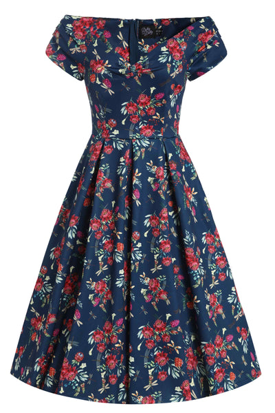 Front view of Floral Dragonfly Off Shoulder Dress