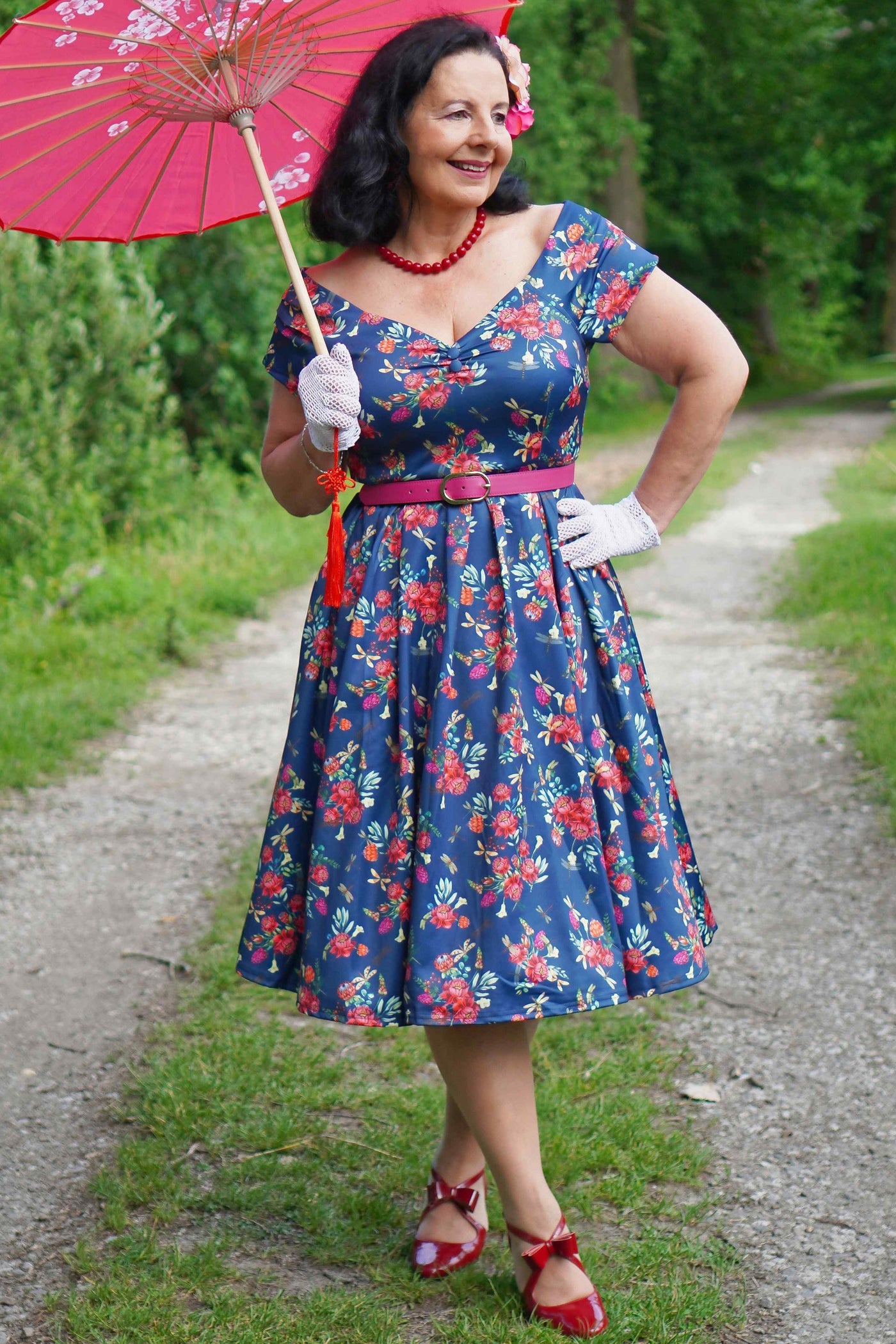 Model photo of Floral Dragonfly Off Shoulder Dress
