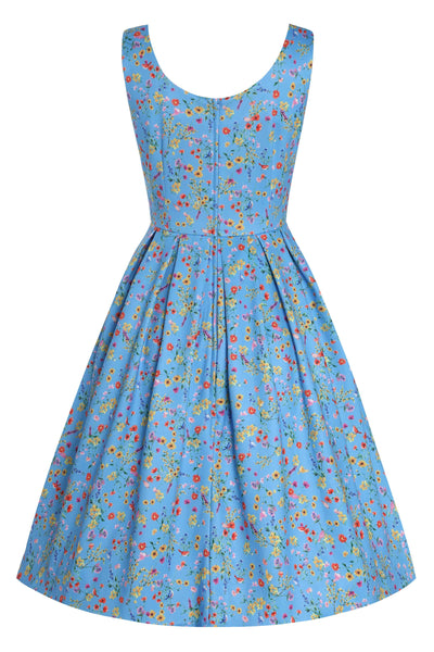 Back View of Floral Flared Dress in Blue