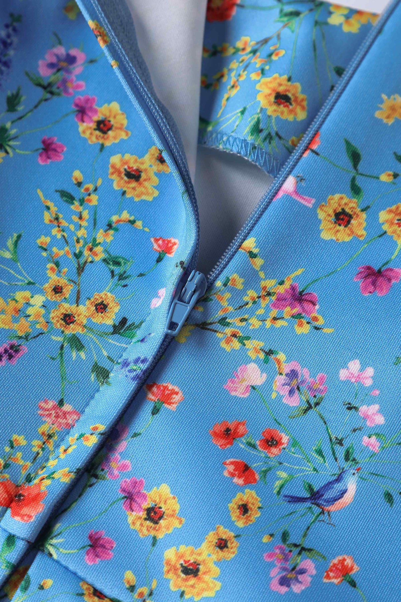 Close up View of Floral Flared Dress in Blue