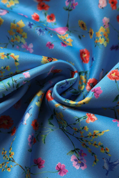 Close up View of Floral Flared Dress in Blue