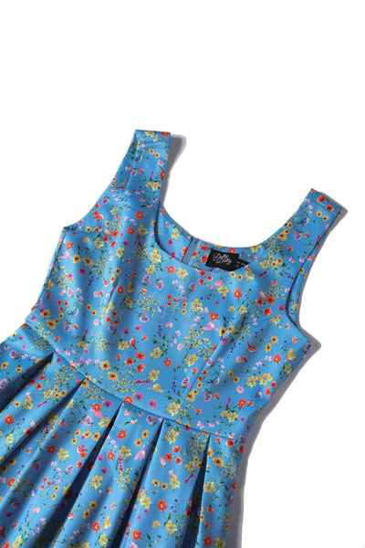 Close up View of Floral Flared Dress in Blue
