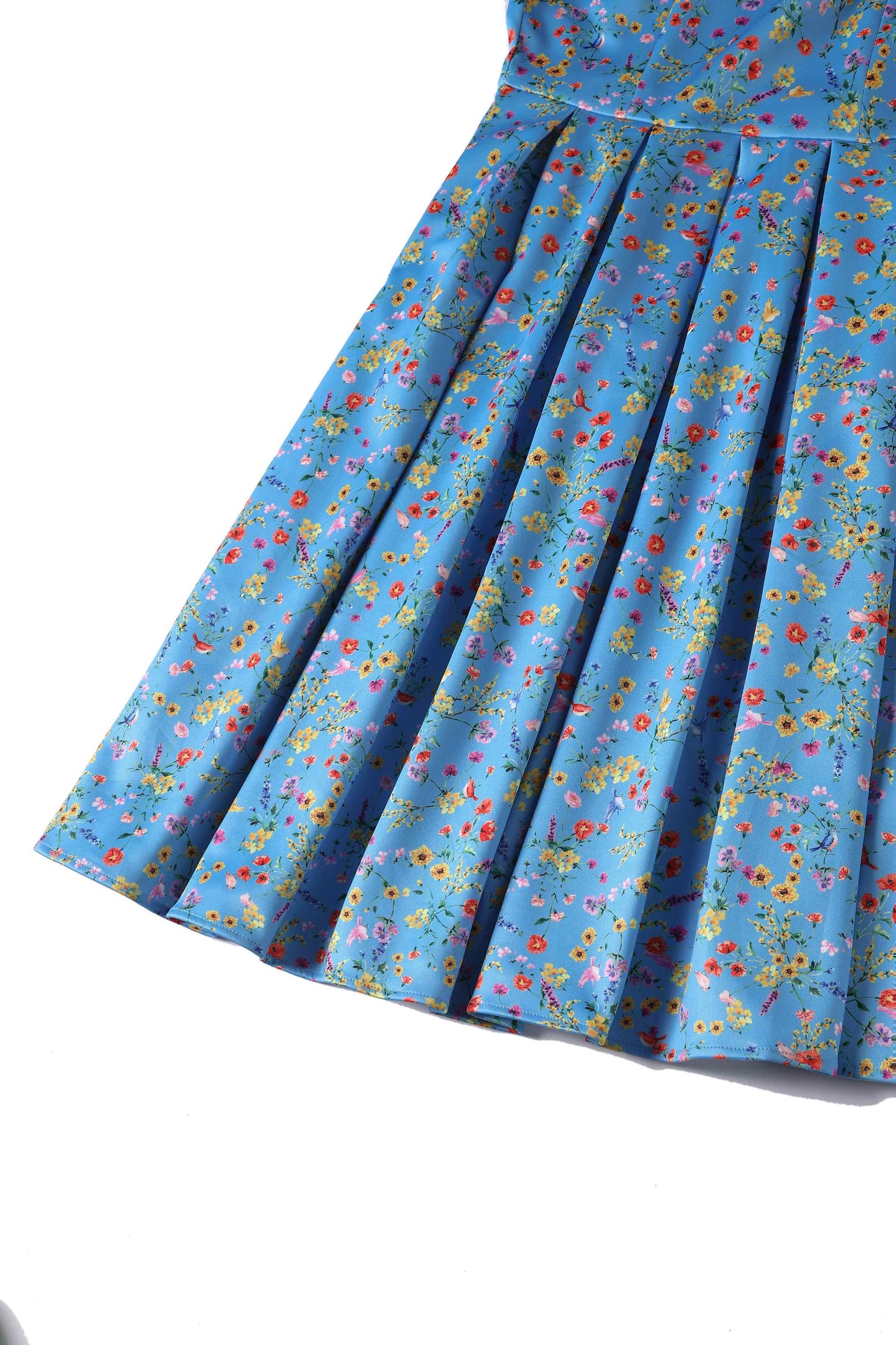 Close up View of Floral Flared Dress in Blue
