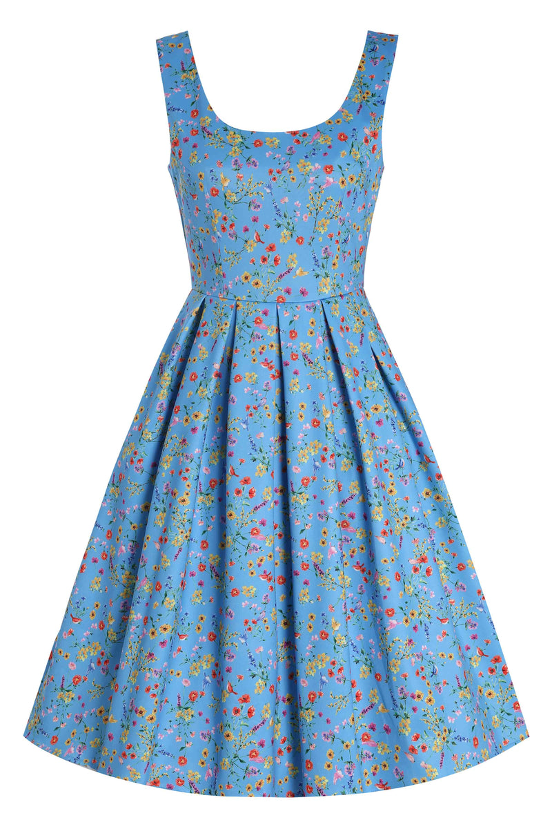 Front View of Floral Flared Dress in Blue