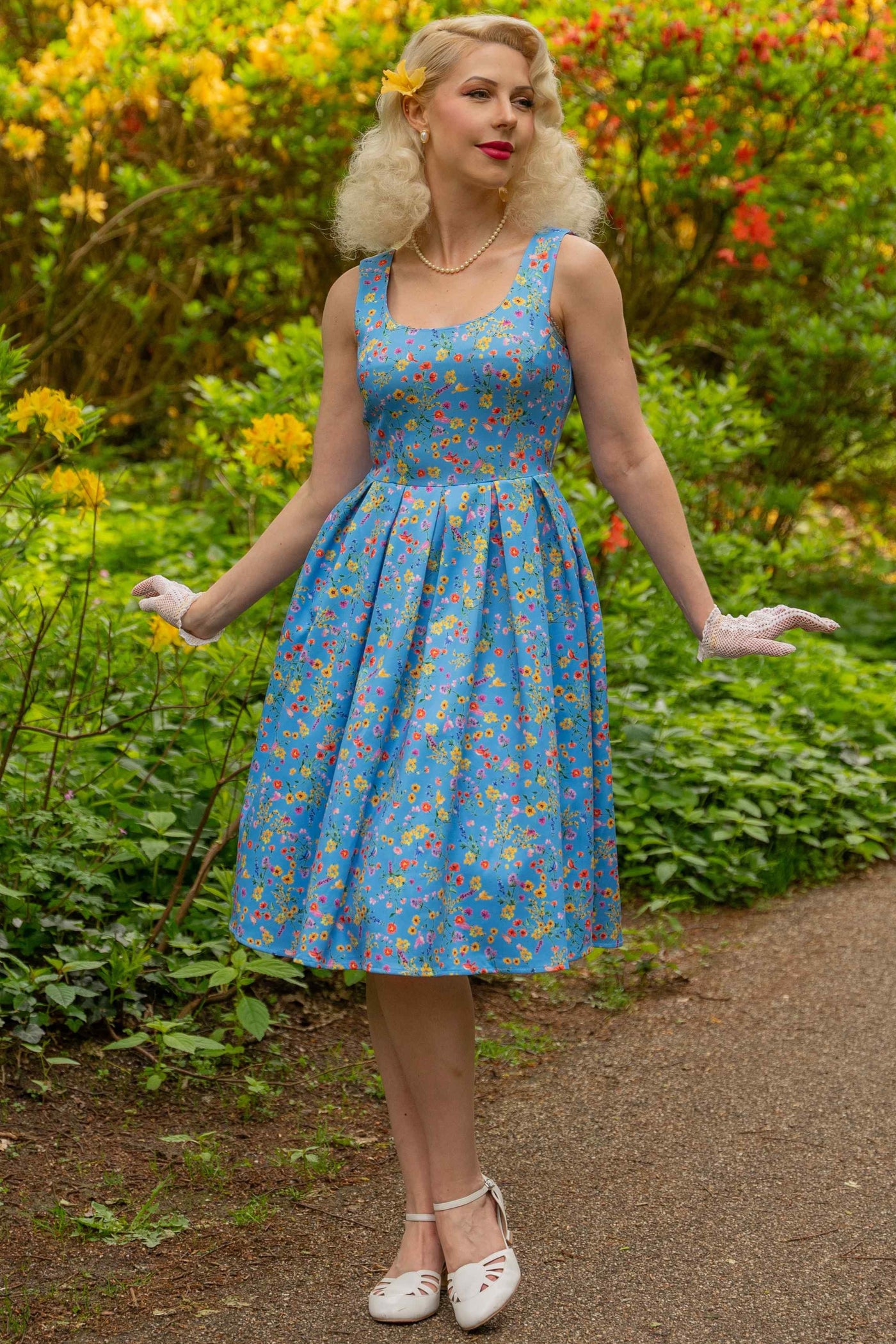 Model photo of  Blue Floral Flared Dress