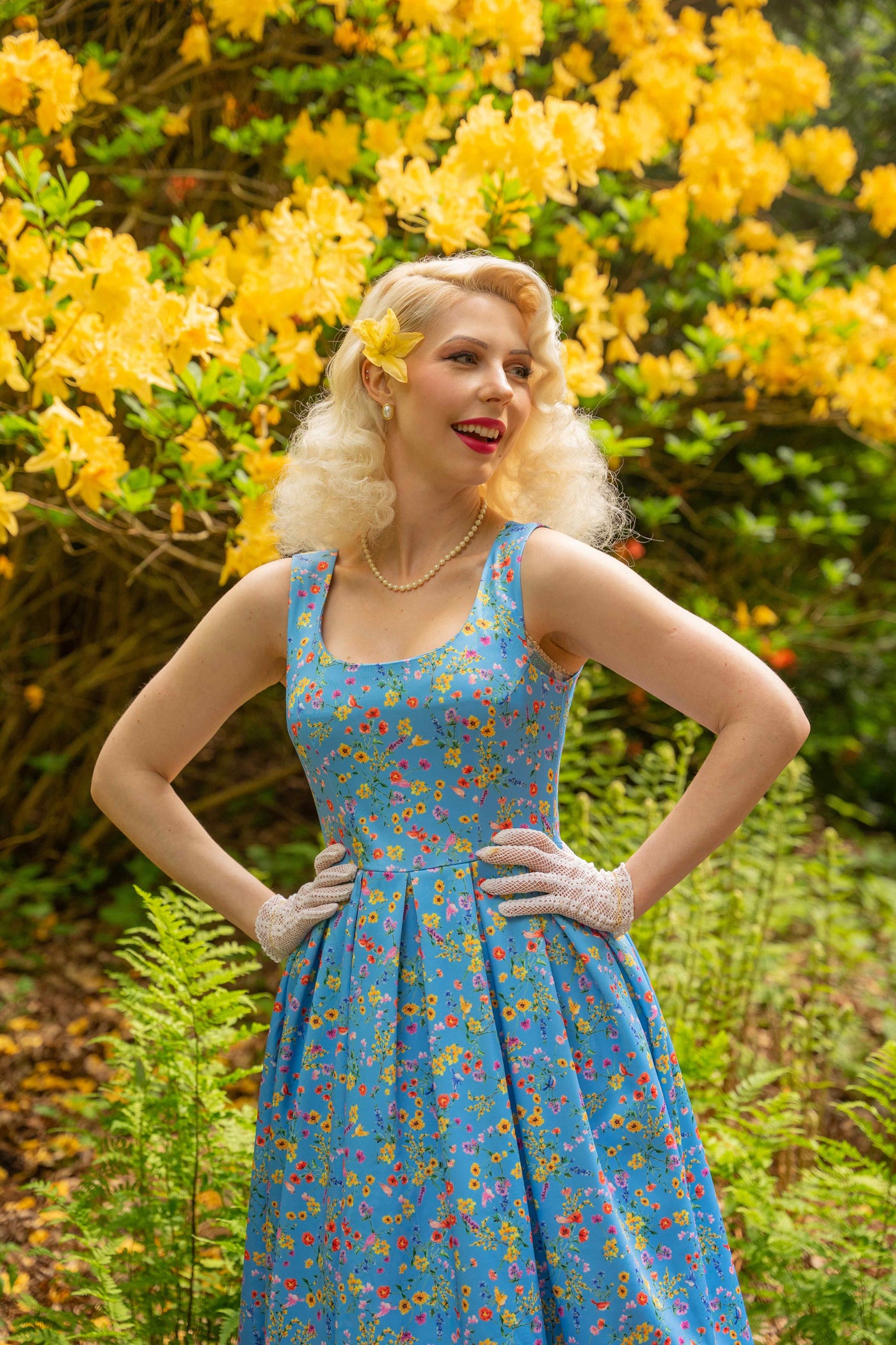 Model photo of  Blue Floral Flared Dress