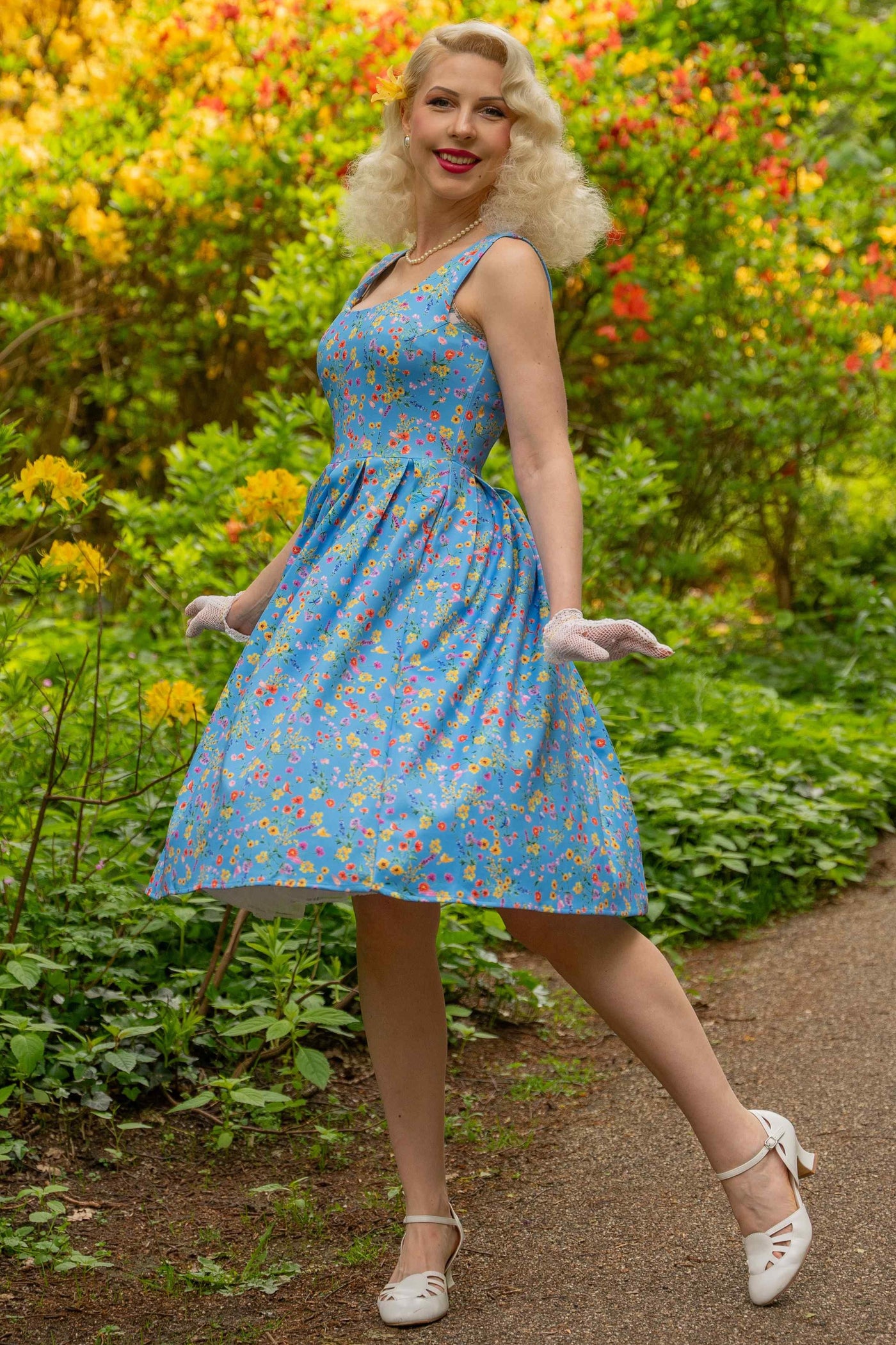 Model photo of  Blue Floral Flared Dress