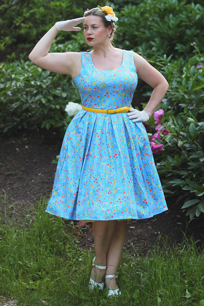 Model photo of Blue Floral Flared Dress
