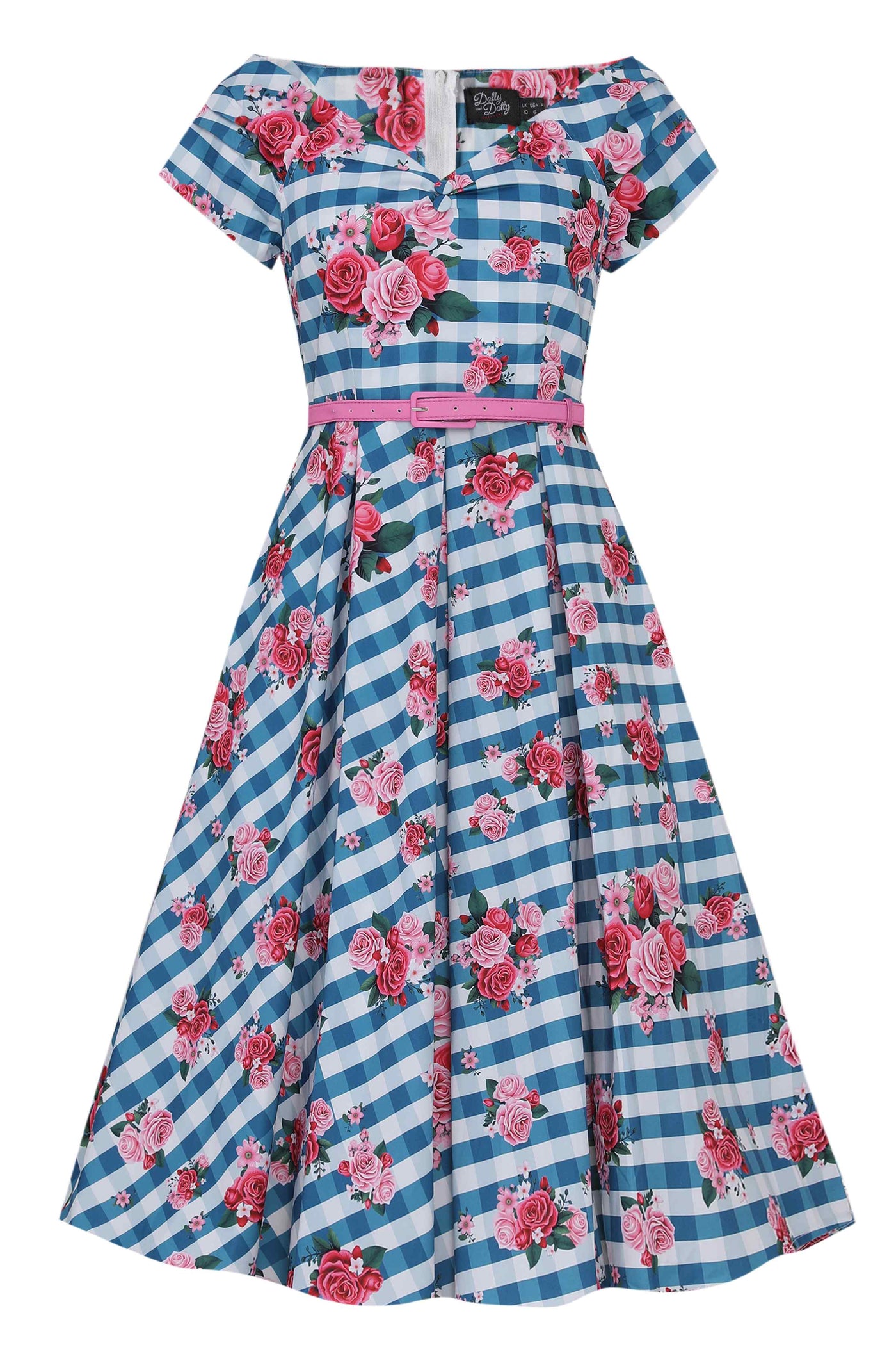 Front view of Floral Off Shoulder Dress In Blue Gingham