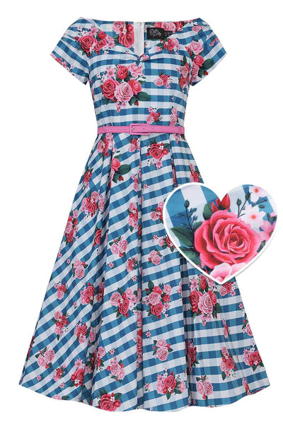 Front view of Floral Off Shoulder Dress In Blue Gingham