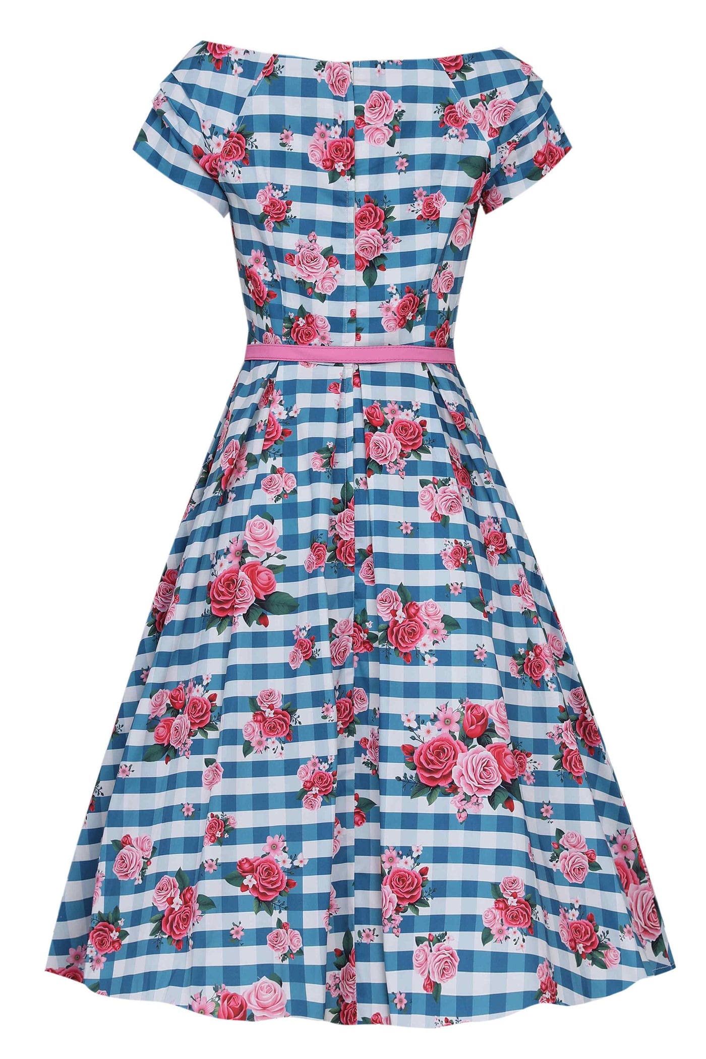Back view of Floral Off Shoulder Dress In Blue Gingham
