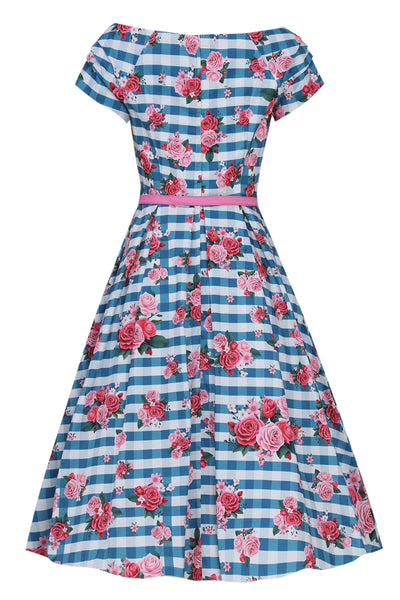 Back view of Floral Off Shoulder Dress In Blue Gingham