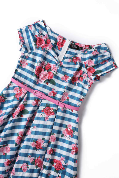 Close up view of Floral Off Shoulder Dress In Blue Gingham