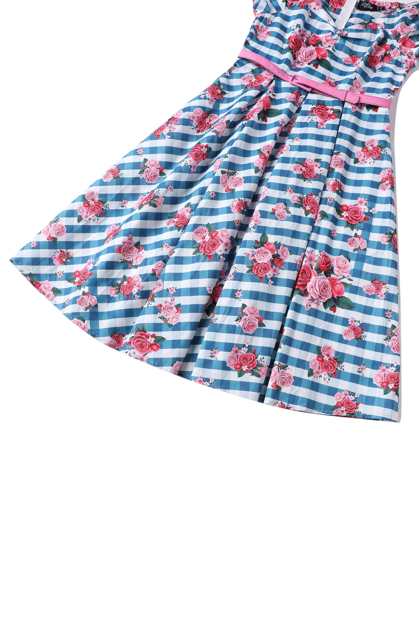 Close up view of Floral Off Shoulder Dress In Blue Gingham