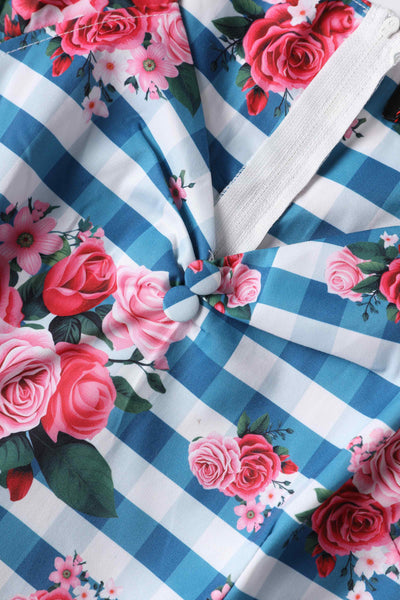 Close up view of Floral Off Shoulder Dress In Blue Gingham