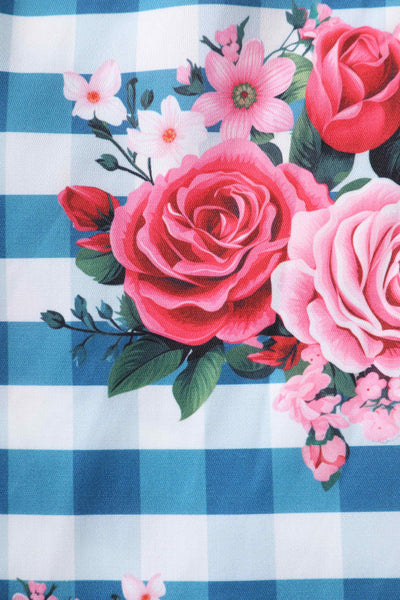 Close up view of Floral Off Shoulder Dress In Blue Gingham