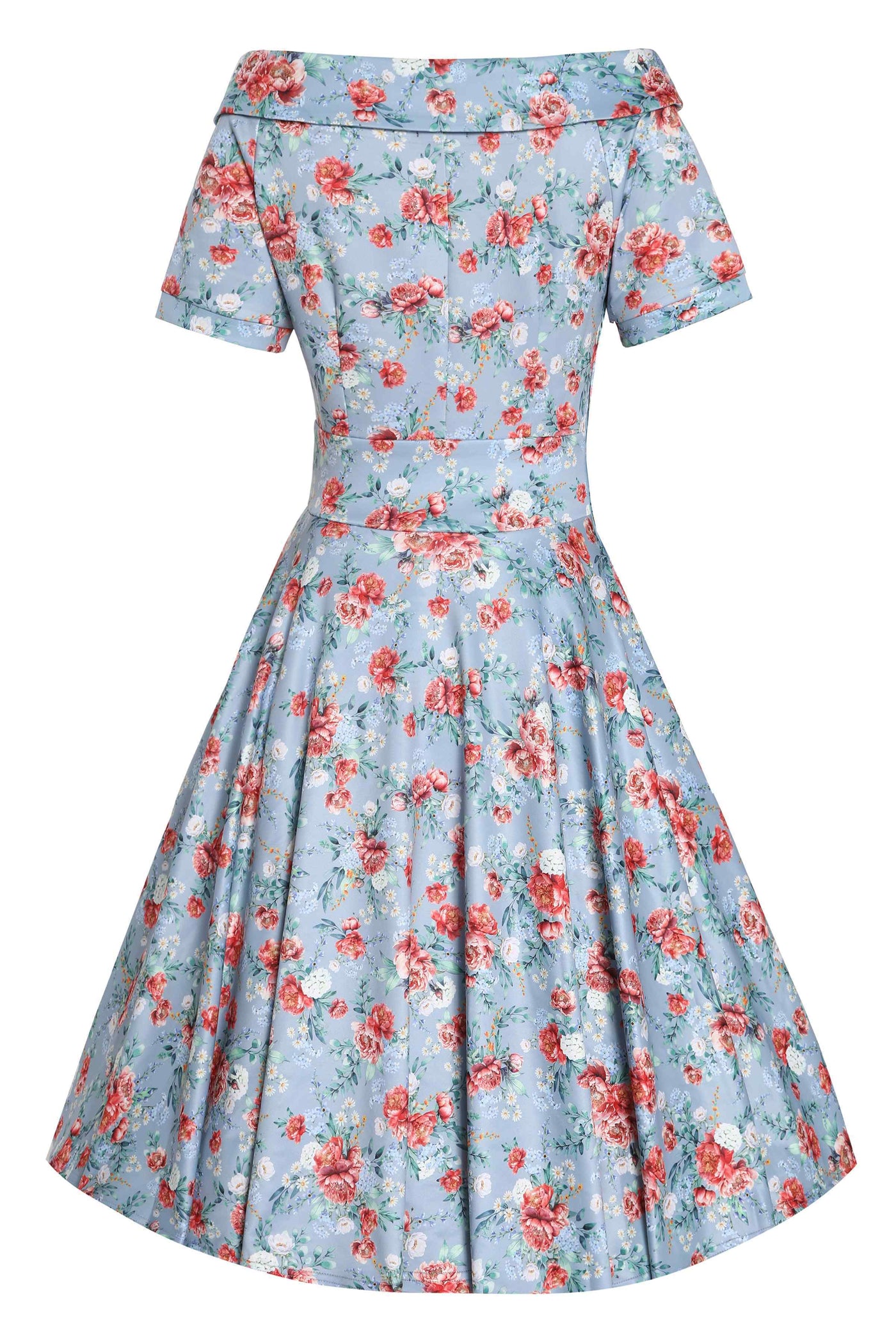 Back View of Floral Off Shoulder Dress in Blue