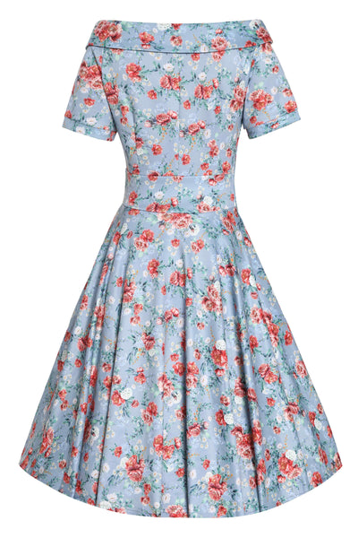 Back View of Floral Off Shoulder Dress in Blue