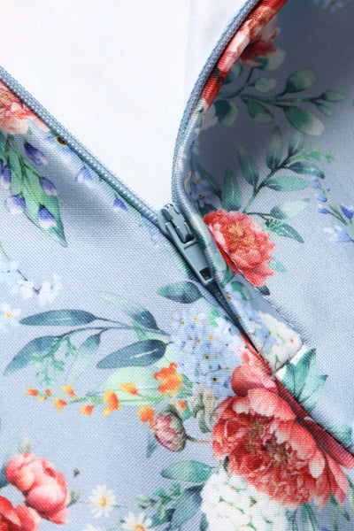 Close up View of Floral Off Shoulder Dress in Blue