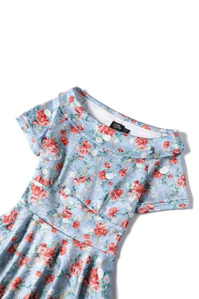Close up View of Floral Off Shoulder Dress in Blue
