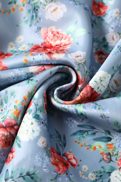 Close up View of Floral Off Shoulder Dress in Blue