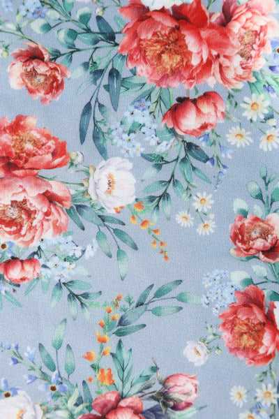 Close up View of Floral Off Shoulder Dress in Blue