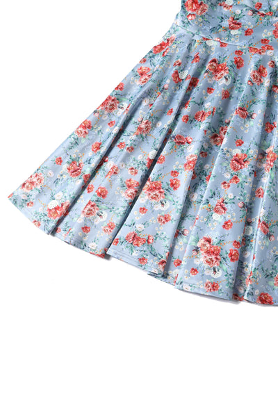 Close up View of Floral Off Shoulder Dress in Blue