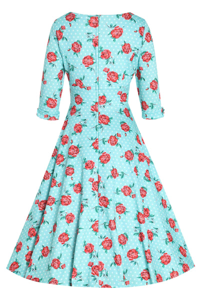 Back view of Floral Rose Midi Dress In Baby Blue