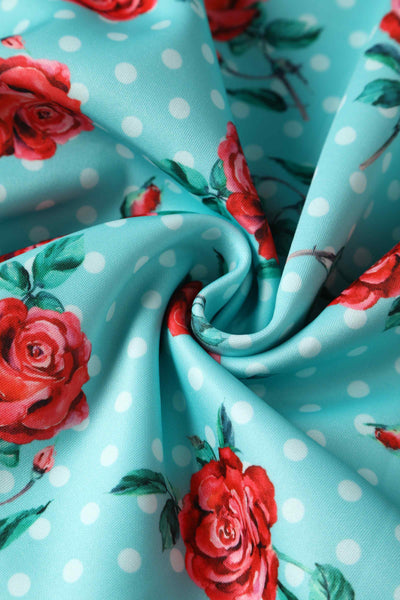 Close up view of Floral Rose Midi Dress In Baby Blue
