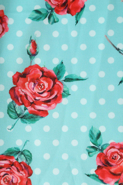 Close up view of Floral Rose Midi Dress In Baby Blue