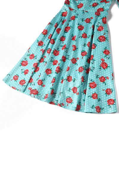 Close up view of Floral Rose Midi Dress In Baby Blue
