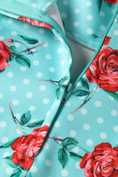 Close up view of Floral Rose Midi Dress In Baby Blue