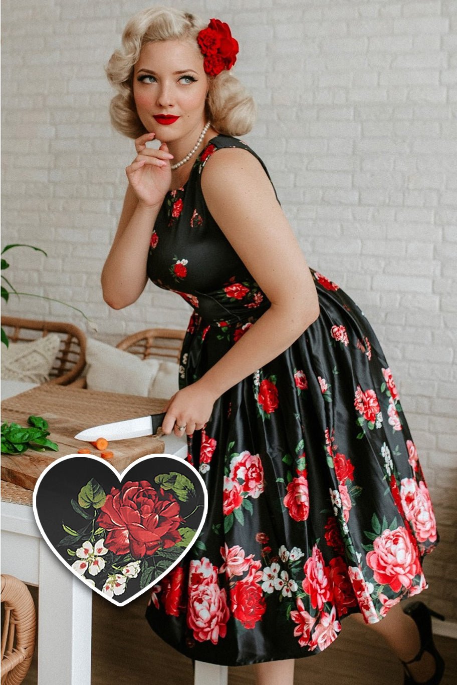 Sleeveless Floral Roses Satin Flared Dress in Black/Pink