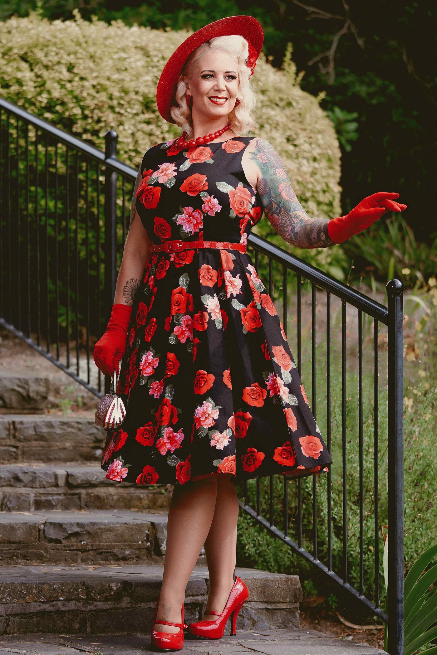 Red floral swing dress discount