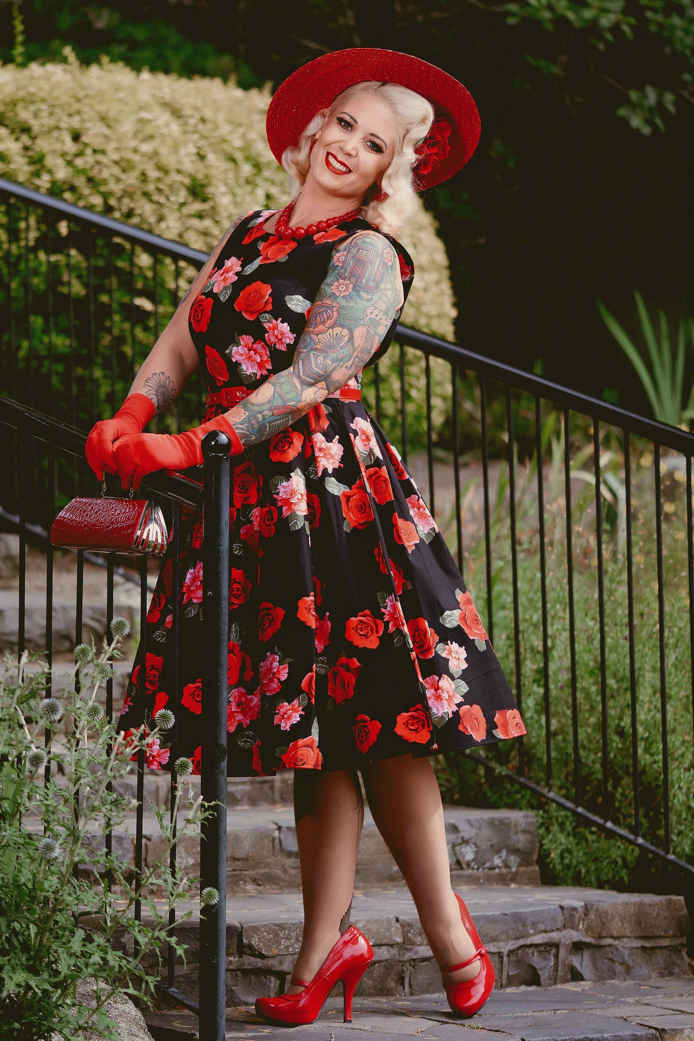 Floral Swing Dress in Black with Red Roses
